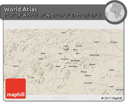 Shaded Relief 3D Map of the Area around 2° 48' 4" N, 11° 7' 30" E