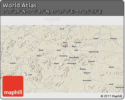 Shaded Relief 3D Map of the Area around 2° 48' 4" N, 11° 7' 30" E
