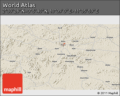 Shaded Relief 3D Map of the Area around 2° 48' 4" N, 11° 7' 30" E