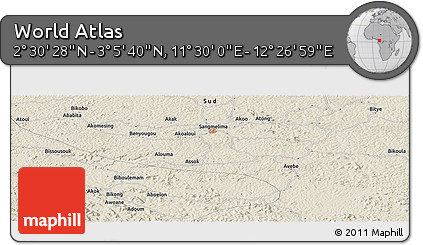Shaded Relief Panoramic Map of the Area around 2° 48' 4" N, 11° 58' 29" E