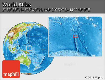 Physical Location Map of the Area around 2° 48' 4" N, 148° 49' 29" E