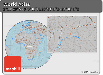 Gray Location Map of the Area around 2° 48' 4" N, 21° 19' 30" E, hill shading