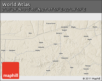 Shaded Relief 3D Map of the Area around 2° 48' 4" N, 22° 10' 29" E