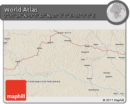 Shaded Relief 3D Map of the Area around 2° 48' 4" N, 25° 34' 30" E