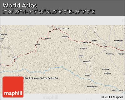 Shaded Relief 3D Map of the Area around 2° 48' 4" N, 25° 34' 30" E