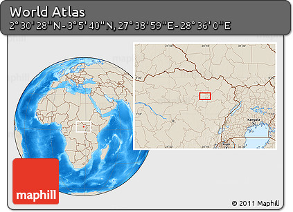 Shaded Relief Location Map of the Area around 2° 48' 4" N, 28° 7' 30" E
