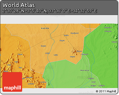 Political 3D Map of the Area around 2° 48' 4" N, 34° 4' 30" E