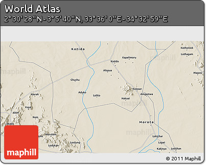 Shaded Relief 3D Map of the Area around 2° 48' 4" N, 34° 4' 30" E