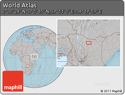 Gray Location Map of the Area around 2° 48' 4" N, 38° 19' 30" E, hill shading