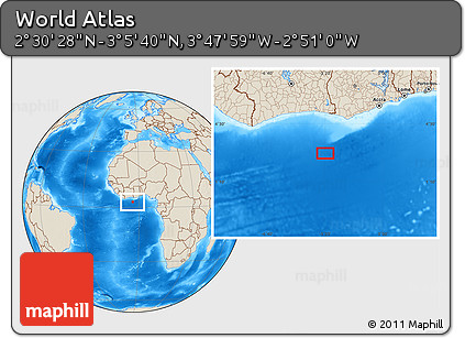 Shaded Relief Location Map of the Area around 2° 48' 4" N, 3° 19' 30" W