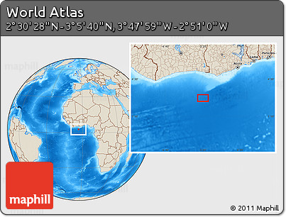 Shaded Relief Location Map of the Area around 2° 48' 4" N, 3° 19' 30" W