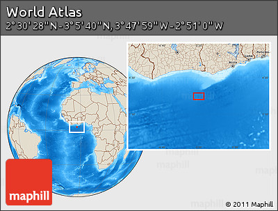 Shaded Relief Location Map of the Area around 2° 48' 4" N, 3° 19' 30" W