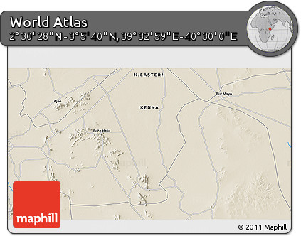 Shaded Relief 3D Map of the Area around 2° 48' 4" N, 40° 1' 29" E