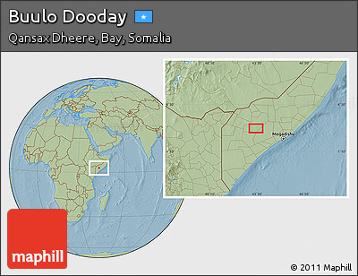 Savanna Style Location Map of Buulo Dooday, hill shading
