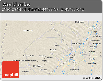 Shaded Relief 3D Map of the Area around 2° 48' 4" N, 45° 7' 30" E