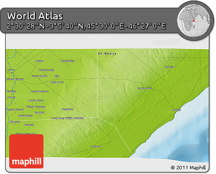 Physical 3D Map of the Area around 2° 48' 4" N, 45° 58' 30" E