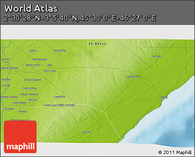 Physical 3D Map of the Area around 2° 48' 4" N, 45° 58' 30" E