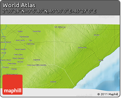 Physical 3D Map of the Area around 2° 48' 4" N, 45° 58' 30" E