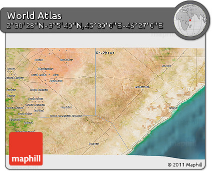 Satellite 3D Map of the Area around 2° 48' 4" N, 45° 58' 30" E