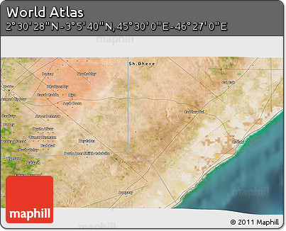 Satellite 3D Map of the Area around 2° 48' 4" N, 45° 58' 30" E
