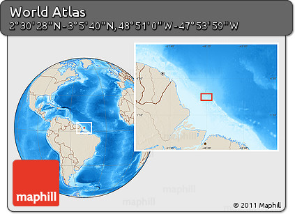 Shaded Relief Location Map of the Area around 2° 48' 4" N, 48° 22' 30" W