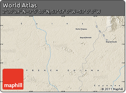Shaded Relief Map of the Area around 2° 48' 4" N, 53° 28' 30" W