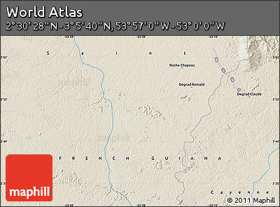 Shaded Relief Map of the Area around 2° 48' 4" N, 53° 28' 30" W