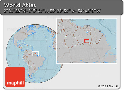 Gray Location Map of the Area around 2° 48' 4" N, 55° 10' 29" W, hill shading