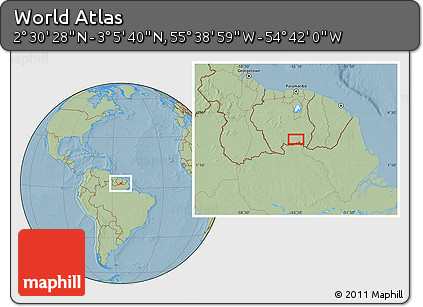Savanna Style Location Map of the Area around 2° 48' 4" N, 55° 10' 29" W, hill shading