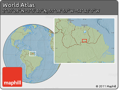 Savanna Style Location Map of the Area around 2° 48' 4" N, 55° 10' 29" W, hill shading