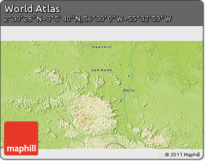 Physical 3D Map of the Area around 2° 48' 4" N, 56° 1' 29" W