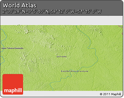 Physical 3D Map of the Area around 2° 48' 4" N, 57° 43' 30" W