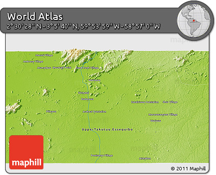 Physical 3D Map of the Area around 2° 48' 4" N, 59° 25' 29" W