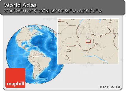 Shaded Relief Location Map of the Area around 2° 48' 4" N, 65° 22' 30" W