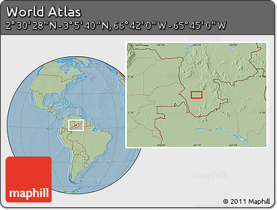 Savanna Style Location Map of the Area around 2° 48' 4" N, 66° 13' 29" W, hill shading