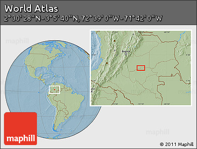 Savanna Style Location Map of the Area around 2° 48' 4" N, 72° 10' 30" W, hill shading