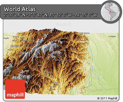 Physical 3D Map of the Area around 2° 48' 4" N, 74° 43' 29" W