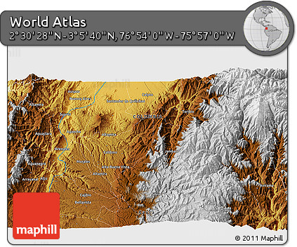Physical 3D Map of the Area around 2° 48' 4" N, 76° 25' 30" W