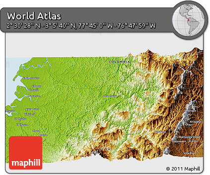 Physical 3D Map of the Area around 2° 48' 4" N, 77° 16' 30" W