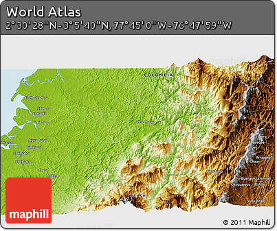 Physical 3D Map of the Area around 2° 48' 4" N, 77° 16' 30" W