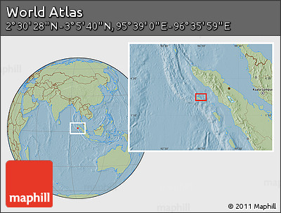 Savanna Style Location Map of the Area around 2° 48' 4" N, 96° 7' 30" E, hill shading
