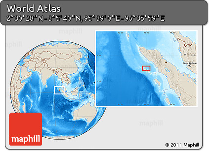 Shaded Relief Location Map of the Area around 2° 48' 4" N, 96° 7' 30" E