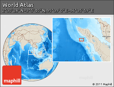 Shaded Relief Location Map of the Area around 2° 48' 4" N, 96° 7' 30" E