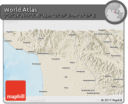 Shaded Relief 3D Map of the Area around 2° 48' 4" N, 97° 49' 29" E