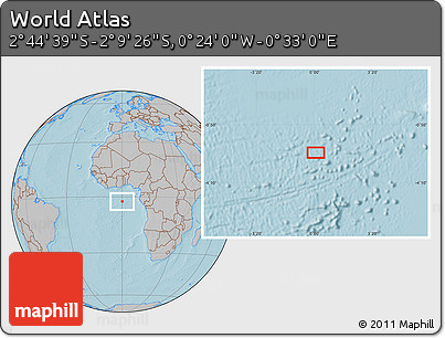 Gray Location Map of the Area around 2° 27' 3" S, 0° 4' 30" E, hill shading