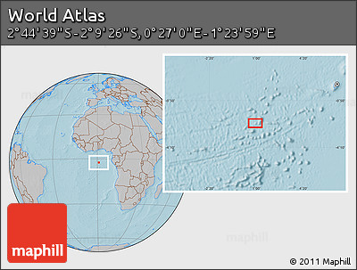 Gray Location Map of the Area around 2° 27' 3" S, 0° 55' 29" E, hill shading