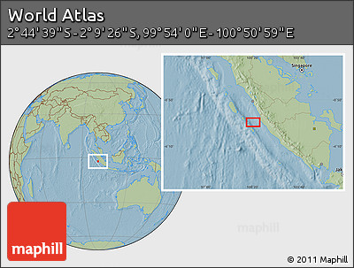 Savanna Style Location Map of the Area around 2° 27' 3" S, 100° 22' 30" E, hill shading