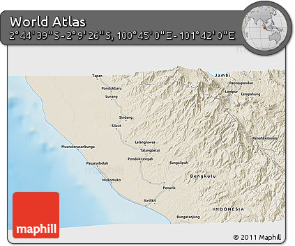 Shaded Relief 3D Map of the Area around 2° 27' 3" S, 101° 13' 29" E