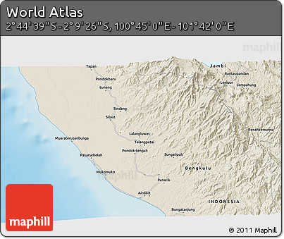 Shaded Relief 3D Map of the Area around 2° 27' 3" S, 101° 13' 29" E