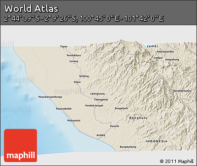 Shaded Relief 3D Map of the Area around 2° 27' 3" S, 101° 13' 29" E